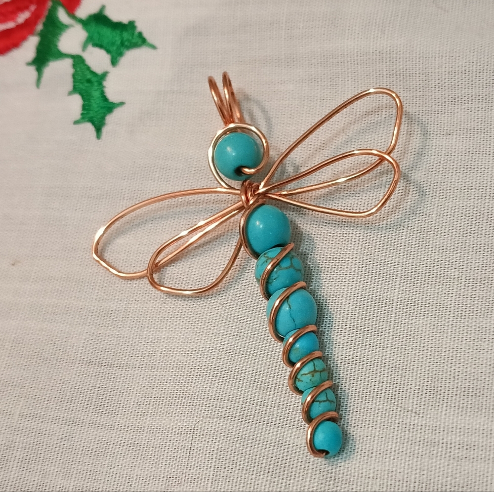 NEW Turquoise Rose Gold Copper Dragonfly Pendant (2"L x 2"W)